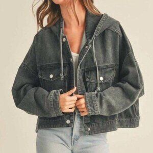 Miou Muse Jacket Women's Size S Olive Green Denim Cropped Utility Hoodie